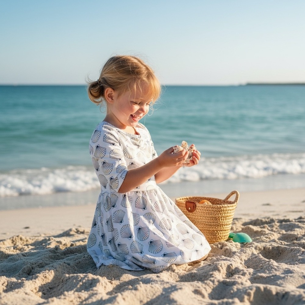 NWT Girls Seashell Skater Dress Three Quarter Sleeve Crisscross Back White Blue